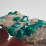 vivid green dioptase crystals on natural rock