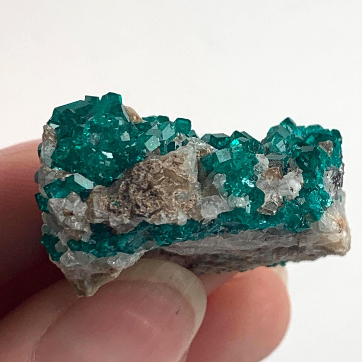 vivid green dioptase crystals on rock matrix