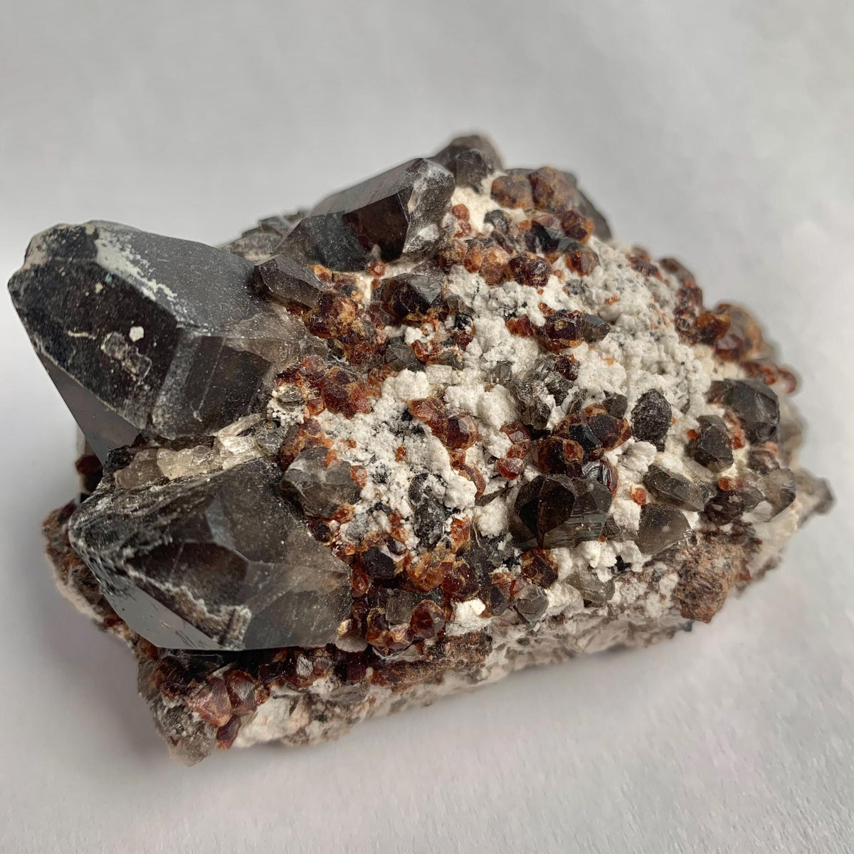Collector mineral garnet smoky quartz cabinet specimen