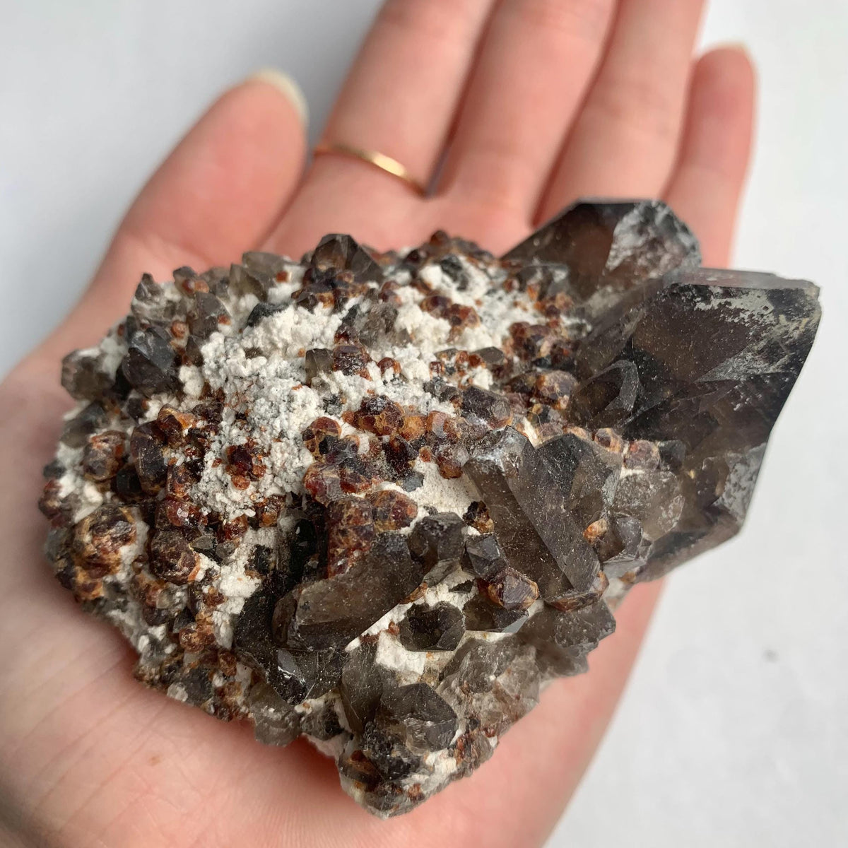 Natural garnet and smoky quartz mineral association