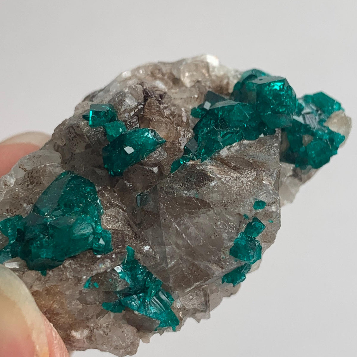 close up of rich emerald green dioptase crystals