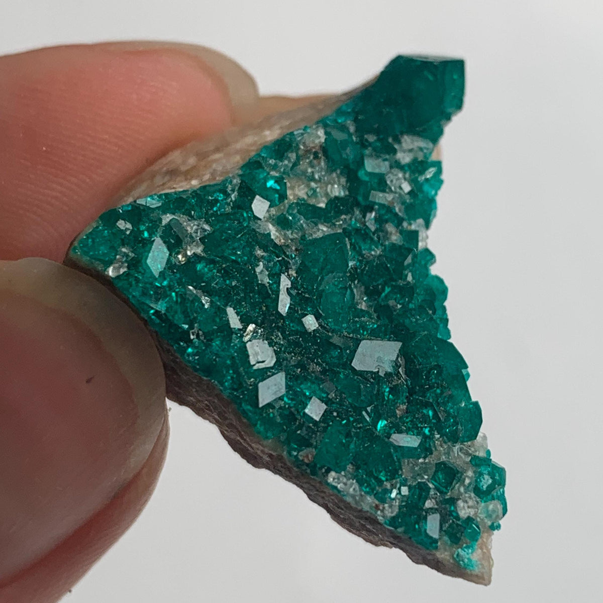 vivid green dioptase crystal coating on rock