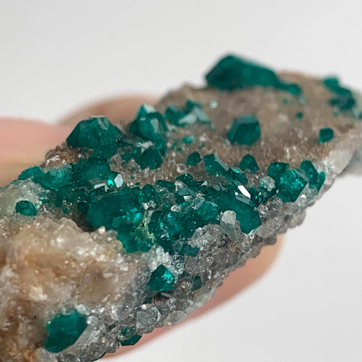 vivid green dioptase crystals on host rock