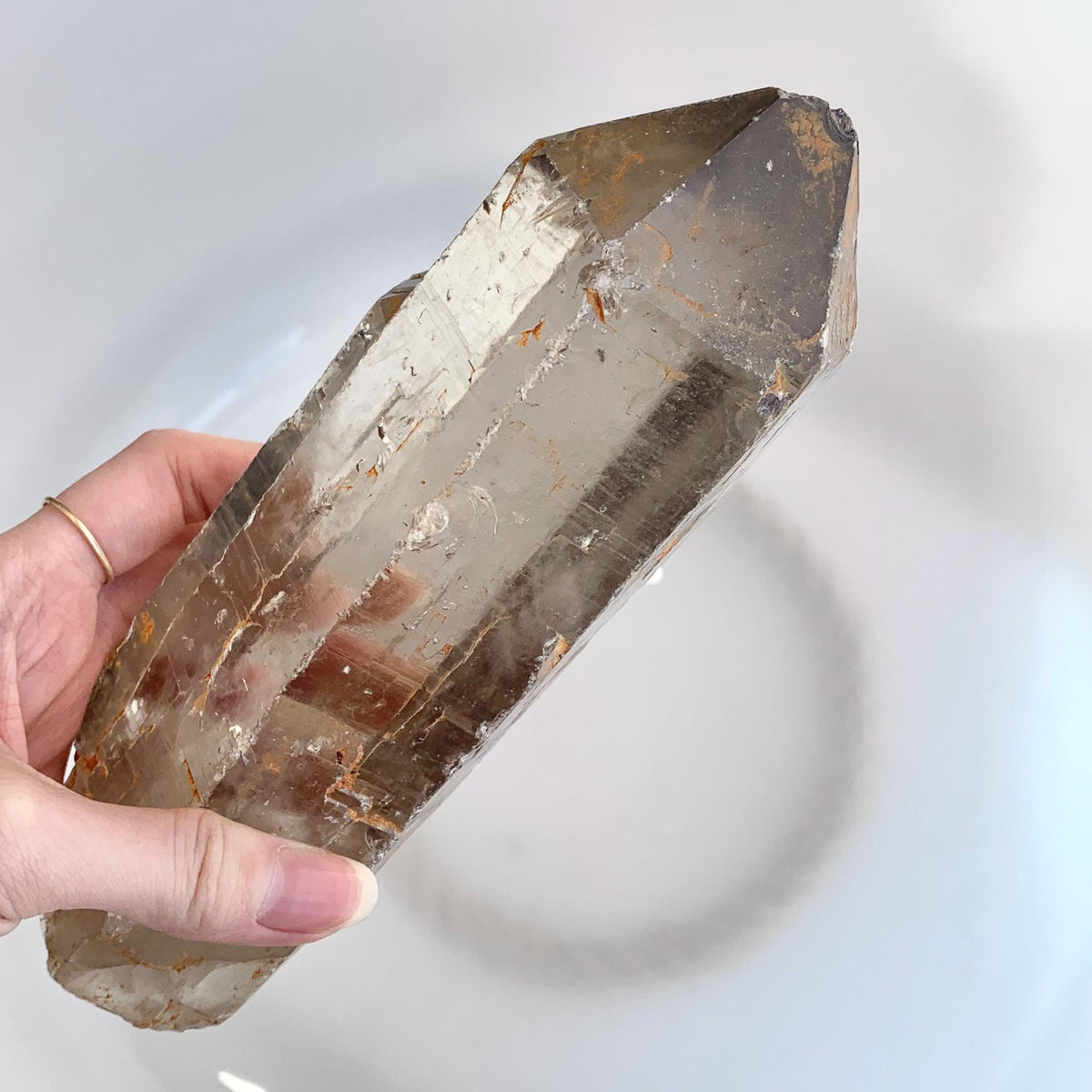 large clear smoky quartz mineral display