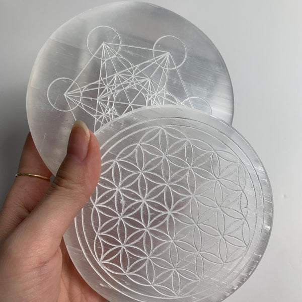 selenite charging plate metatron cube engraving