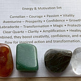 Energy and passion crystal sets displayed inside open cardboard gift boxes with properties cards