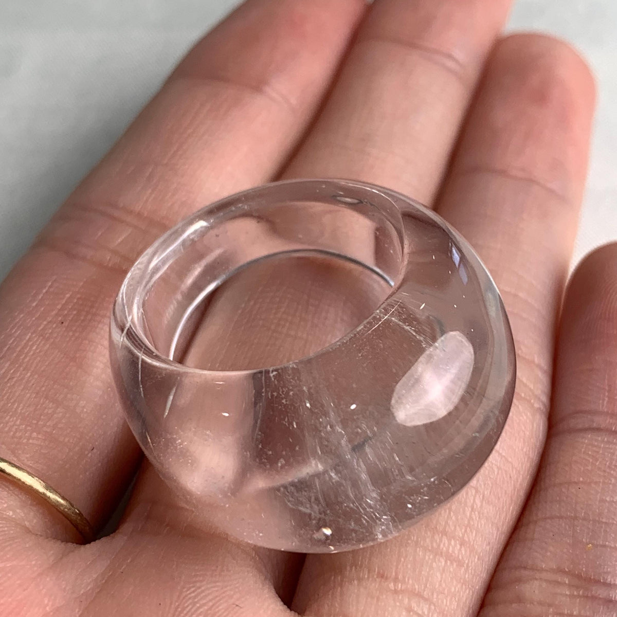 Clear quartz dome statement ring hand carved from solid stoneArtisan carved clear quartz ring with minimalist aesthetic