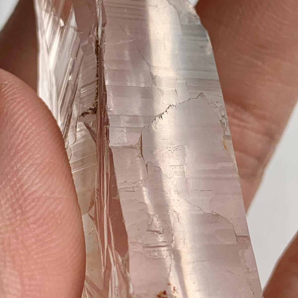 Side profile of Lemurian Quartz featuring ribbed texture