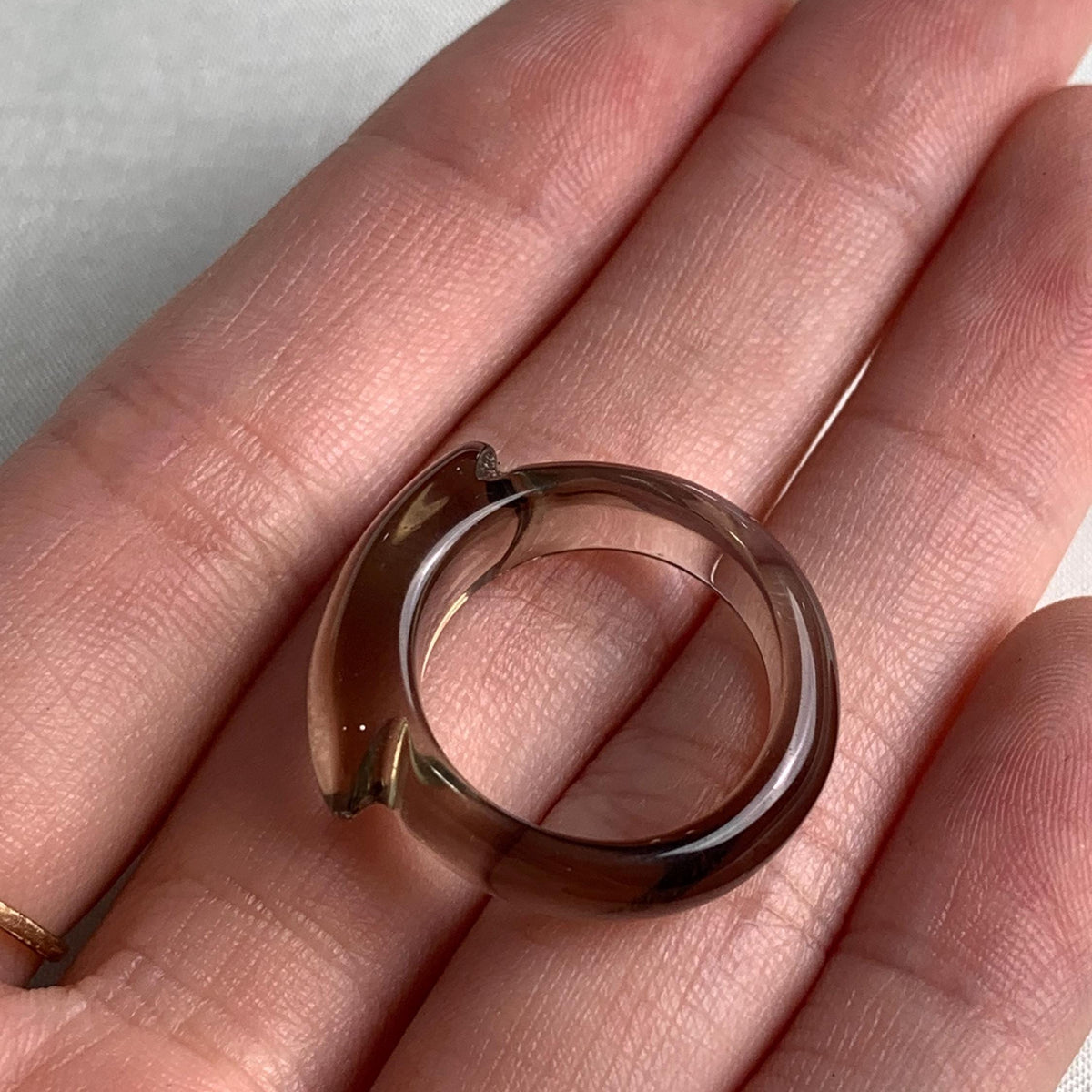 High quality smoky quartz ring with wide table and narrow band design