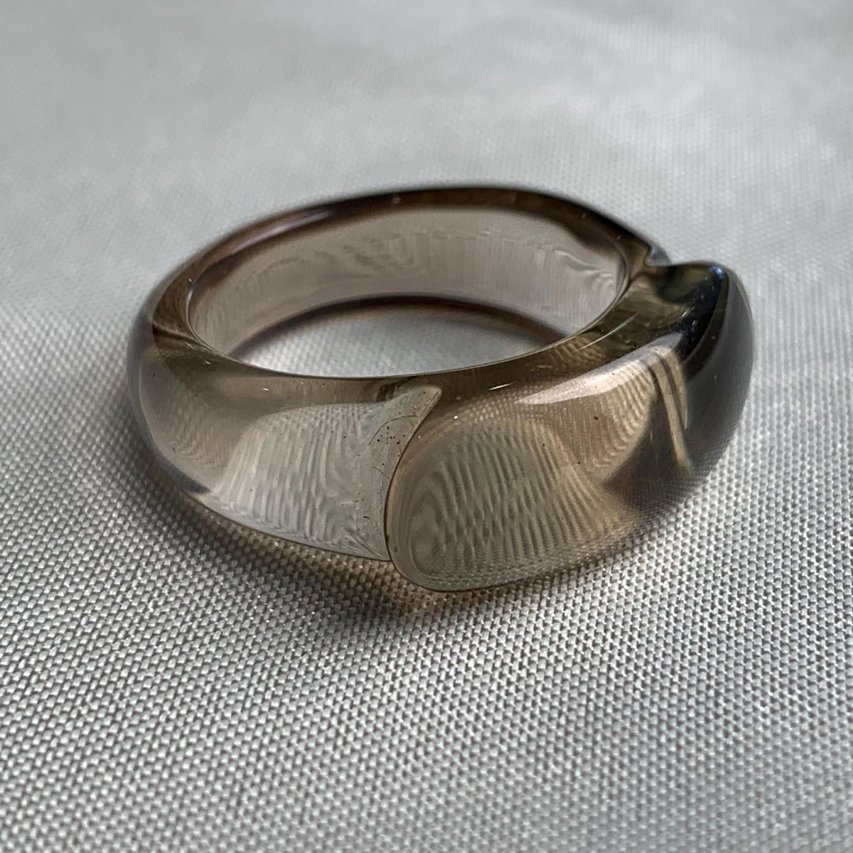Transparent smoky quartz ring with modern sculptural styling