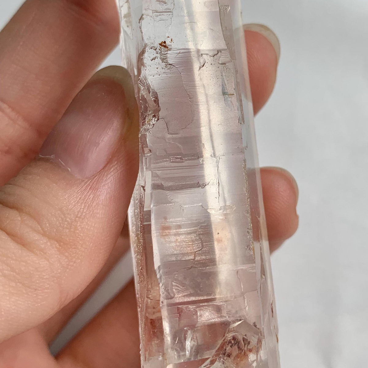 Transparent Lemurian Quartz point displayed on white background