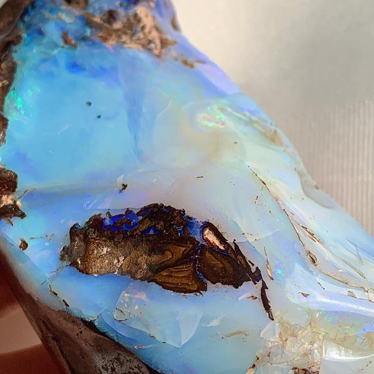 Natural boulder opal specimen showing iridescent colors