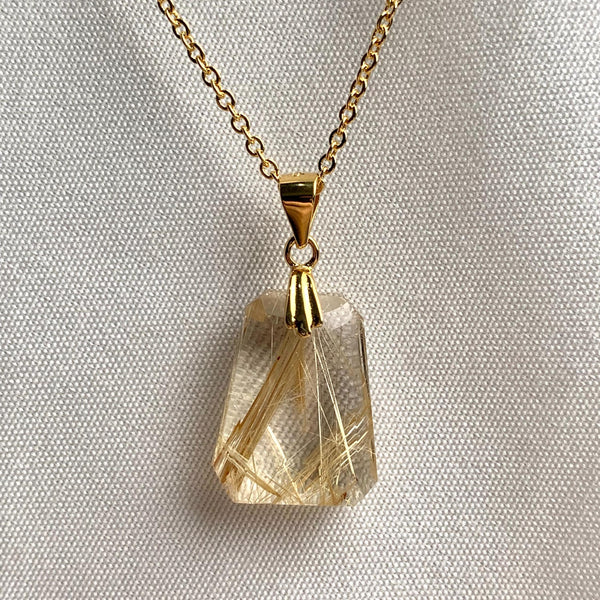 Faceted trapezoid Rutilated Quartz necklace on gold vermeil chain