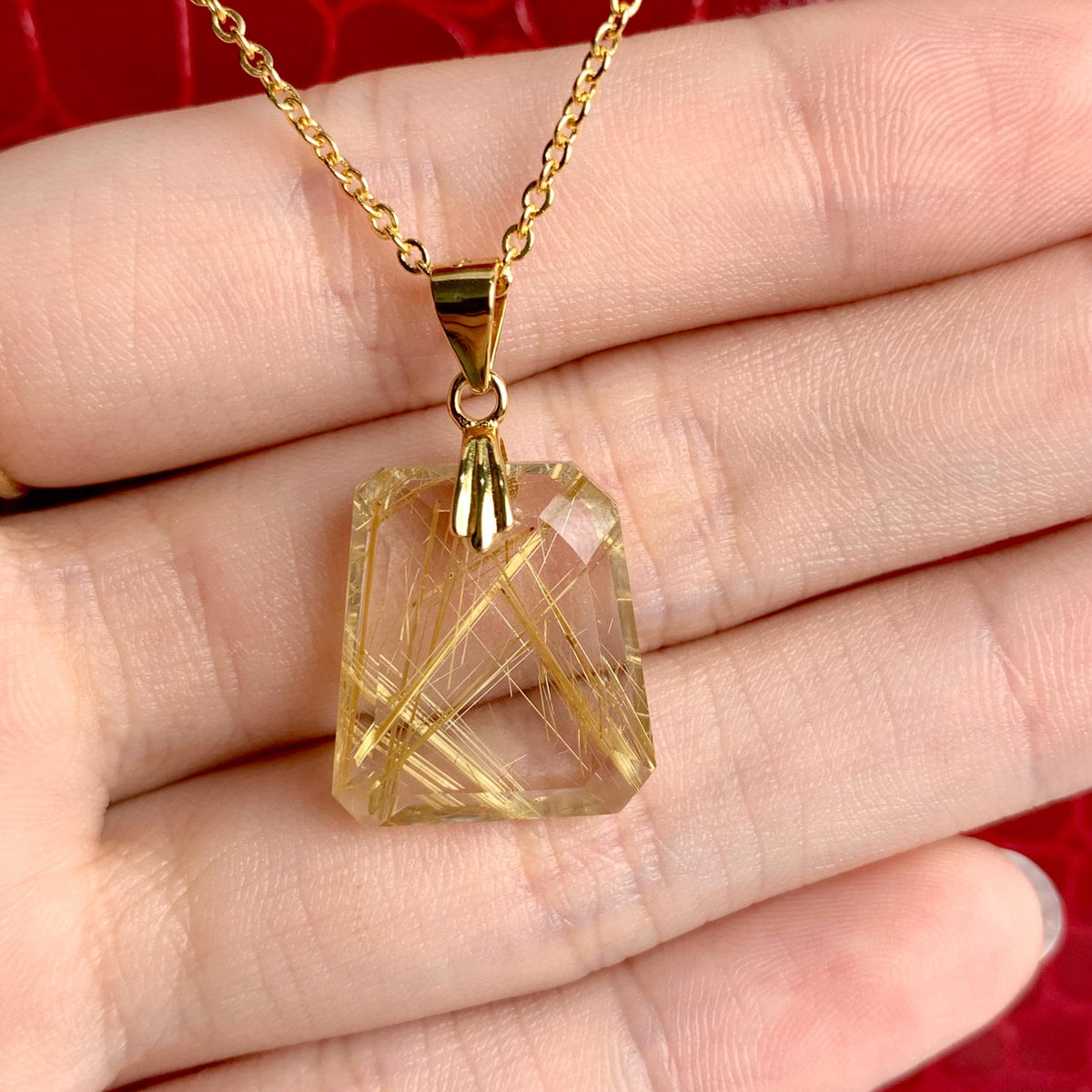 Faceted trapezoid Rutilated Quartz necklace on a gold vermeil chain