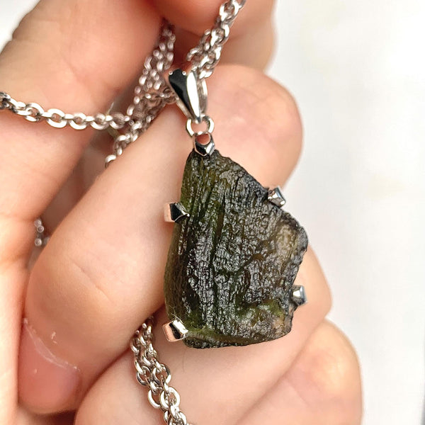 Rare Czech Republic moldavite necklace with natural surface details