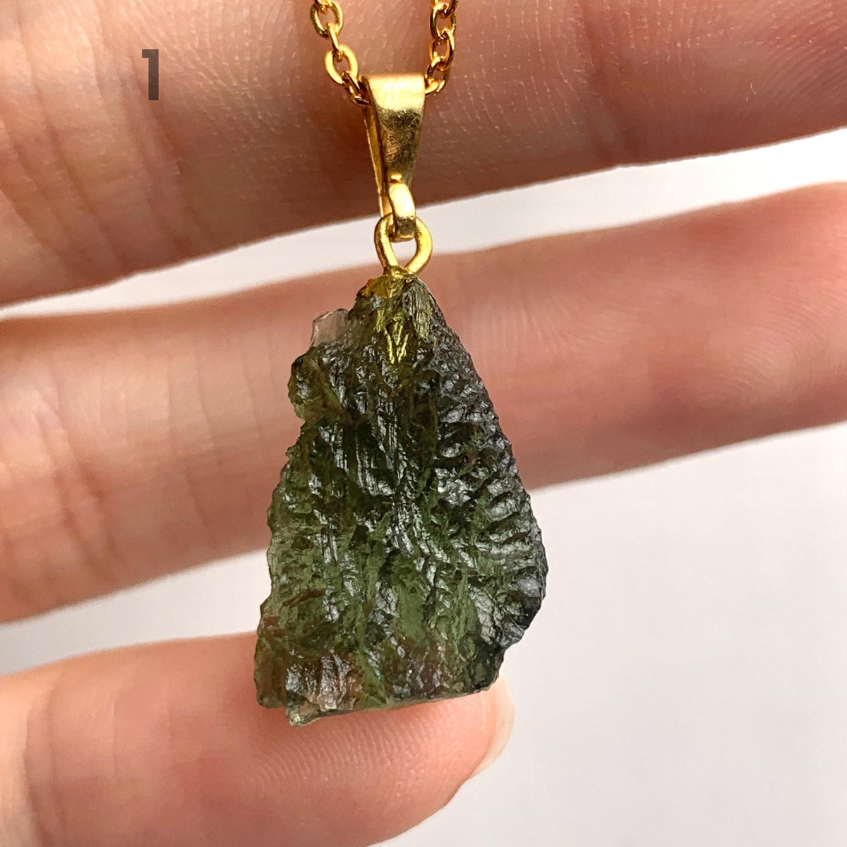 Genuine moldavite tektite necklace in gold vermeil setting