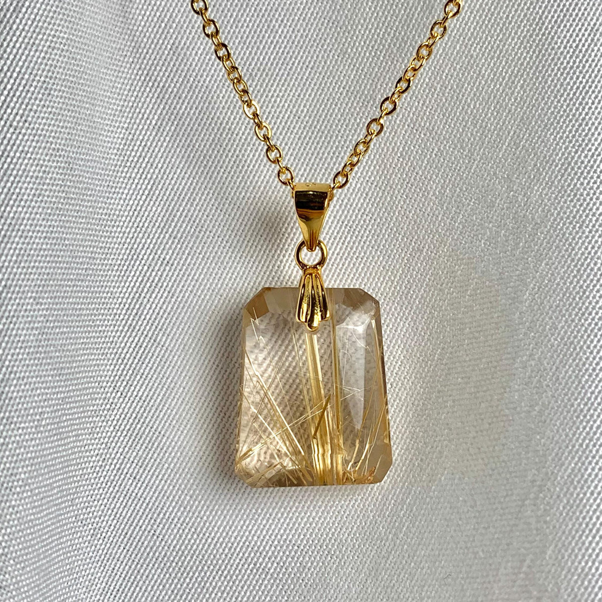 Faceted trapezoid Rutilated Quartz necklace on gold vermeil chain