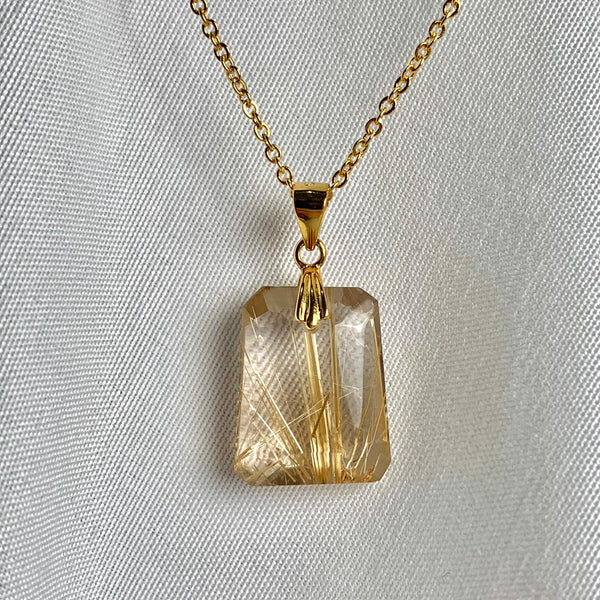 Faceted trapezoid Rutilated Quartz necklace on gold vermeil chain