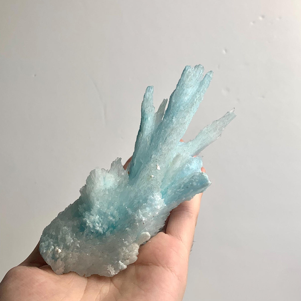 Blue aragonite mineral cluster held to showcase scale and 5-inch length.