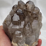 Close top profile of smoky quartz gwindel cluster, sculptural, tightly grouped rotated crystals with sharp faces
