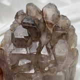 Centered smoky quartz gwindel cluster, compact sculptural profile and reflective crystal terminations highlighted