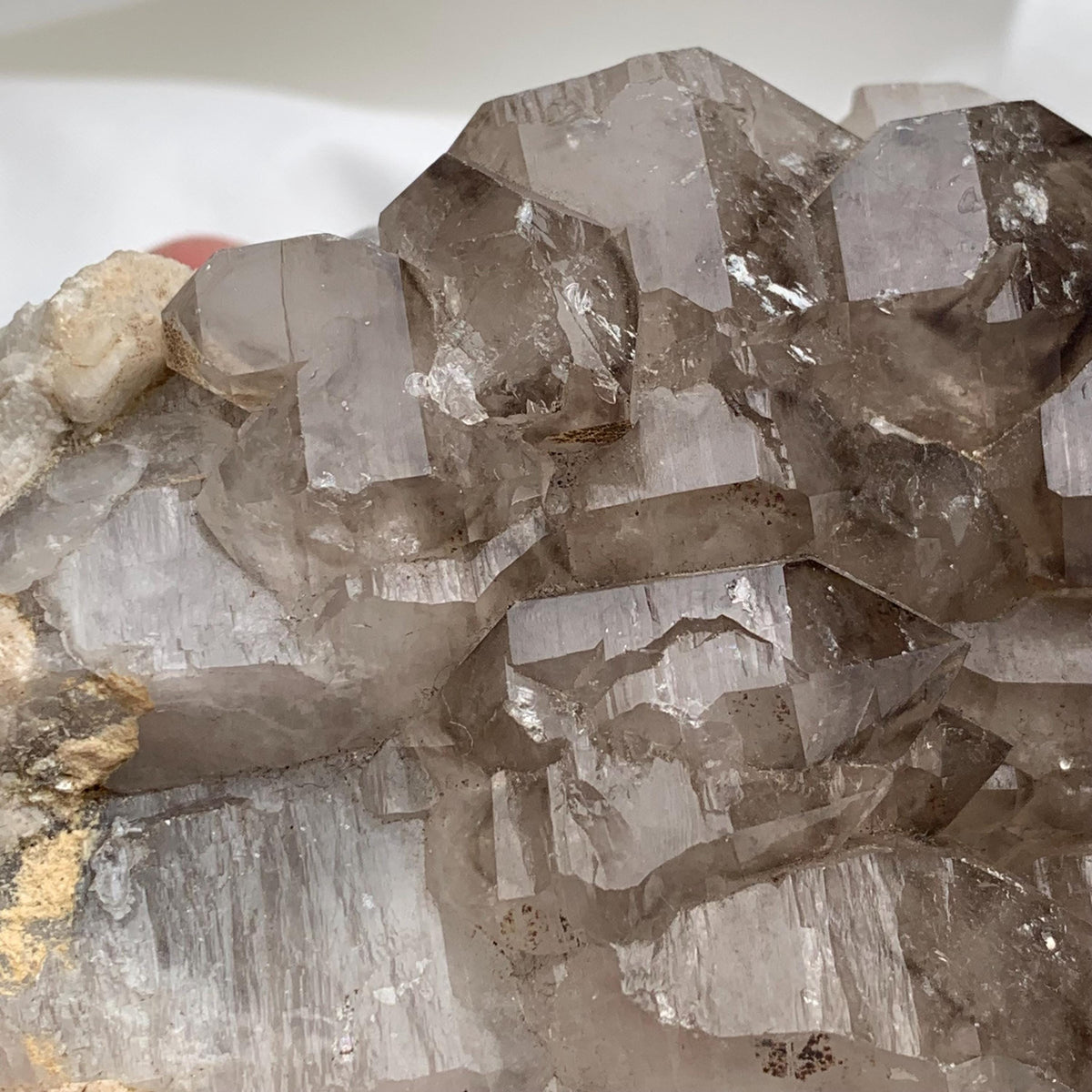 Edge view of smoky quartz gwindel cluster, translucent taupe-gray crystals perched on a rugged mineral matrix