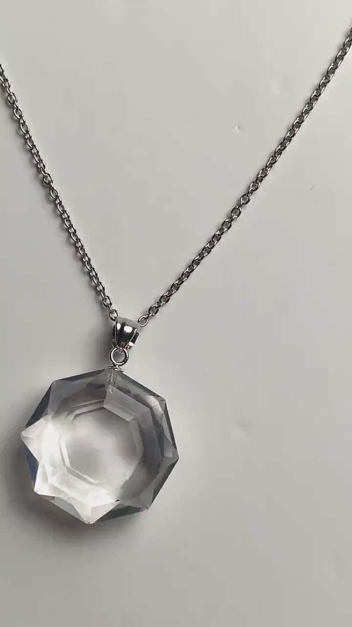 Clear Quartz Pendant Necklace, Faceted Octagon Crystal Jewelry, AAAA Gemstone Sterling Silver Necklace