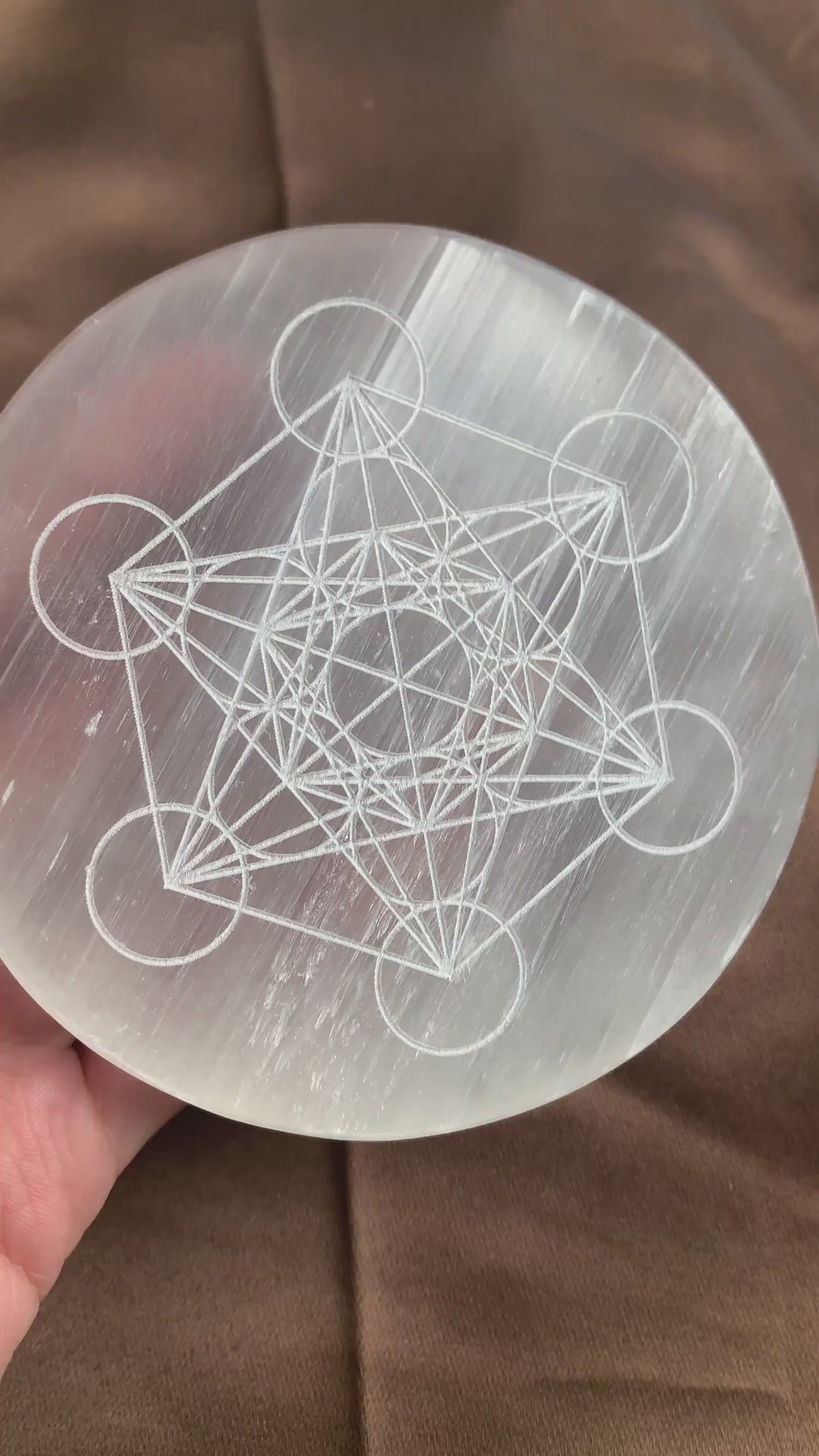 Selenite Charging Plate, Metatron Cube Flower of Life Grid, 4 Inch Crystal Cleanser, C1