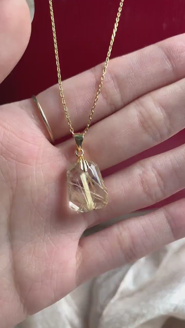 Rutilated Quartz Pendant Necklace, Faceted Trapezoid Golden Needle Crystal Jewelry, RQ1