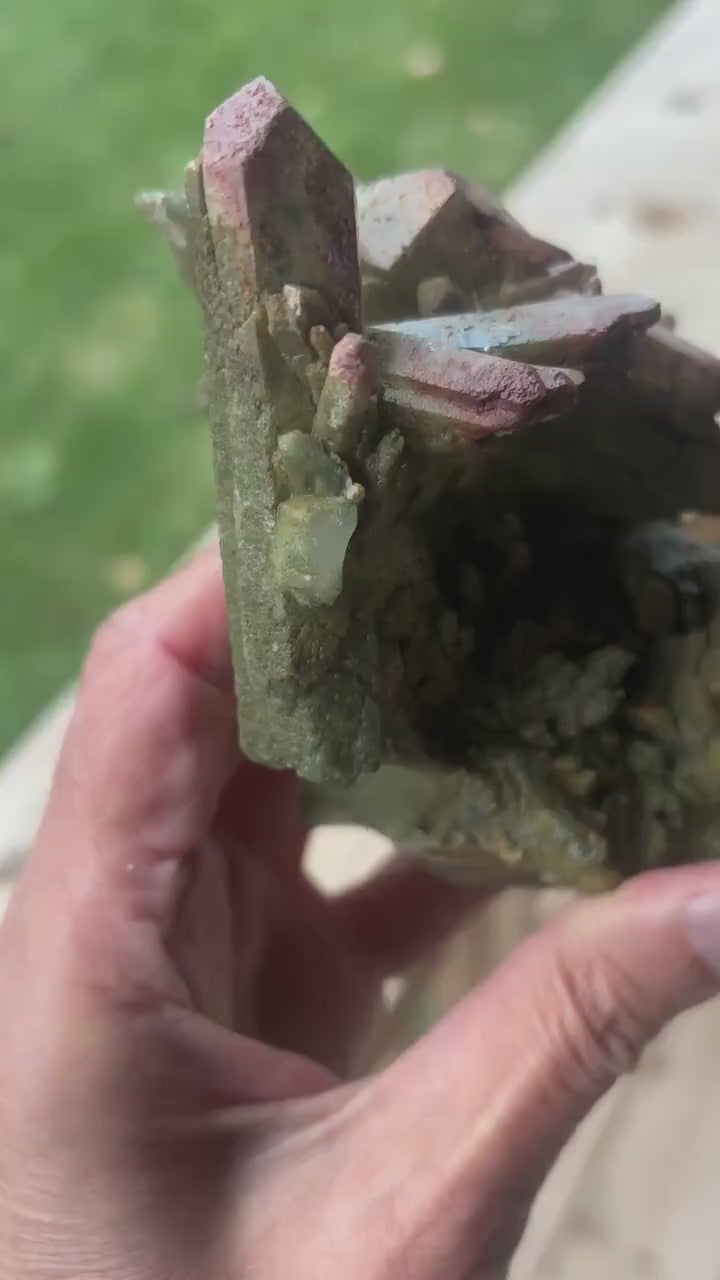 Himalayan Chlorite Quartz Cluster with Iron Oxide Red Inclusions for Energy Cleansing & Decor