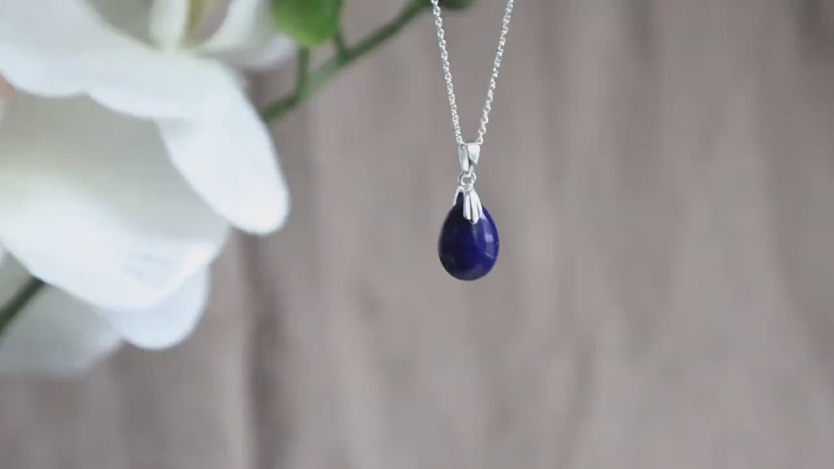 Lapis Drop Pendant Necklace Sterling Silver