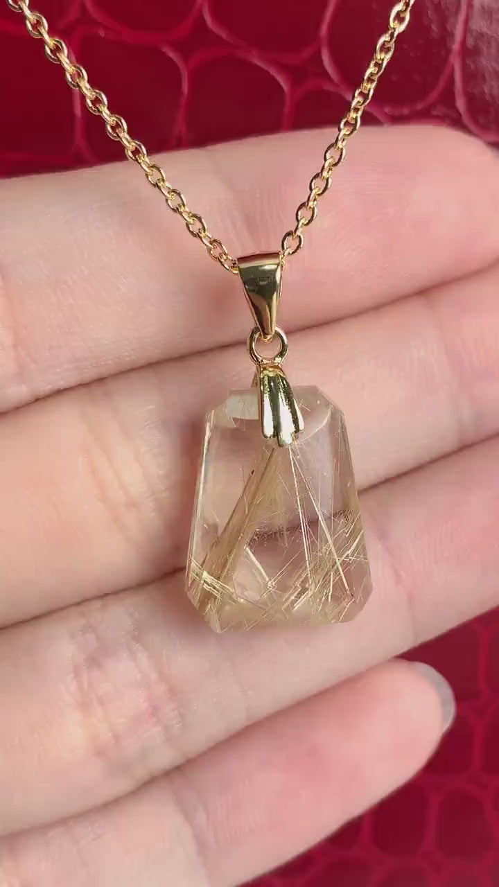 Rutilated Quartz Pendant Necklace AAAA Golden Rutile Faceted Gold Vermeil or Sterling Silver, RQ8