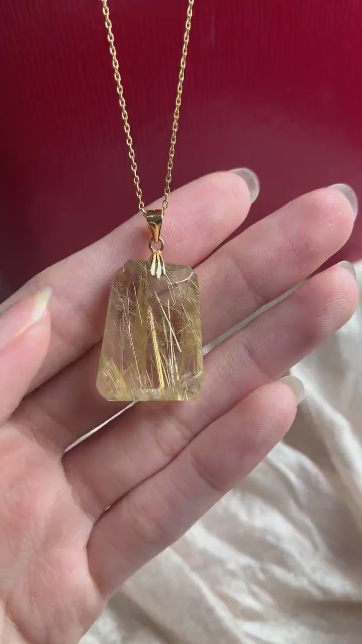Rutilated Quartz Pendant Necklace, Golden Needle Crystal, Faceted Trapezoid Jewelry, RQ5