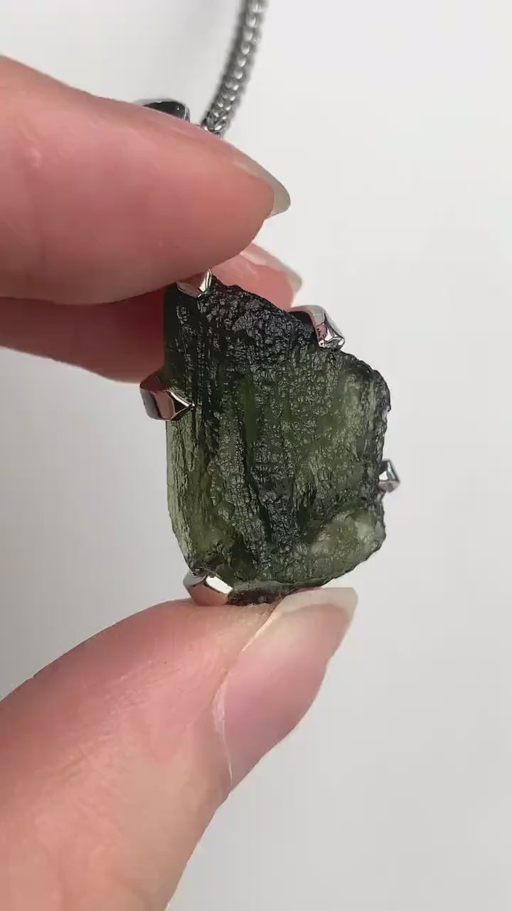 Raw Moldavite Necklace Authentic Czech Republic Crystal with Silver Chain, MS2
