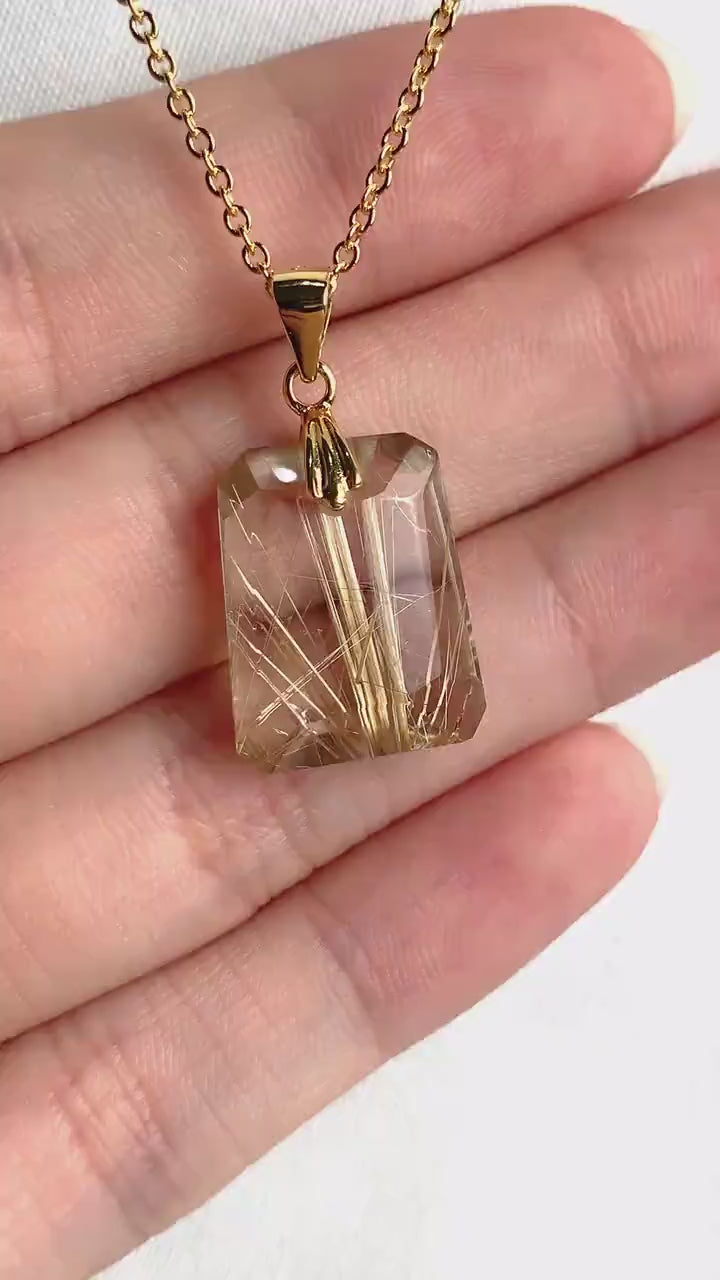 Rutilated Quartz Pendant Necklace High Quality AAAA Golden Rutile Gold Vermeil or Sterling Silver, RQ7