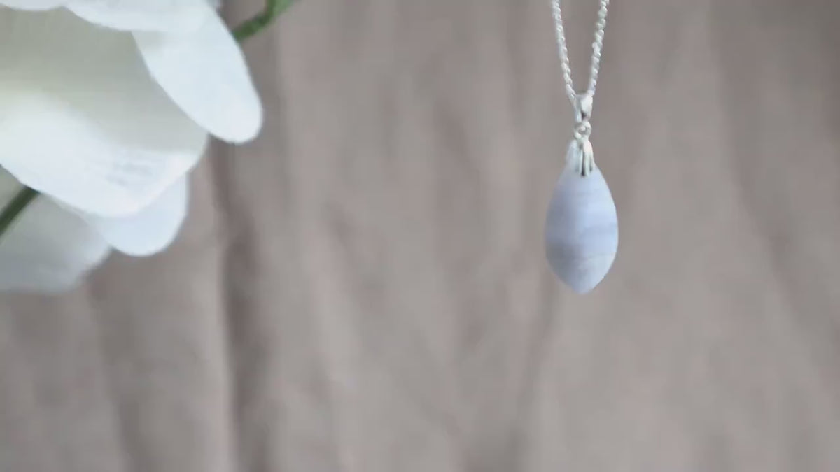 Blue Lace Agate Pendant Necklace Sterling Silver