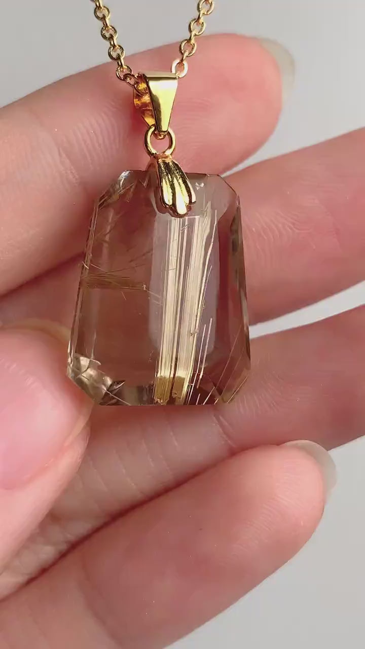Rutilated Quartz Pendant Necklace AAAA Golden Needles Gold Vermeil or Sterling Silver, RQ6