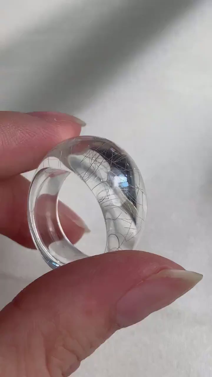 Silver Rutilated Quartz Statement Ring, Dome Cocktail Ring, Bold Boho Jewelry