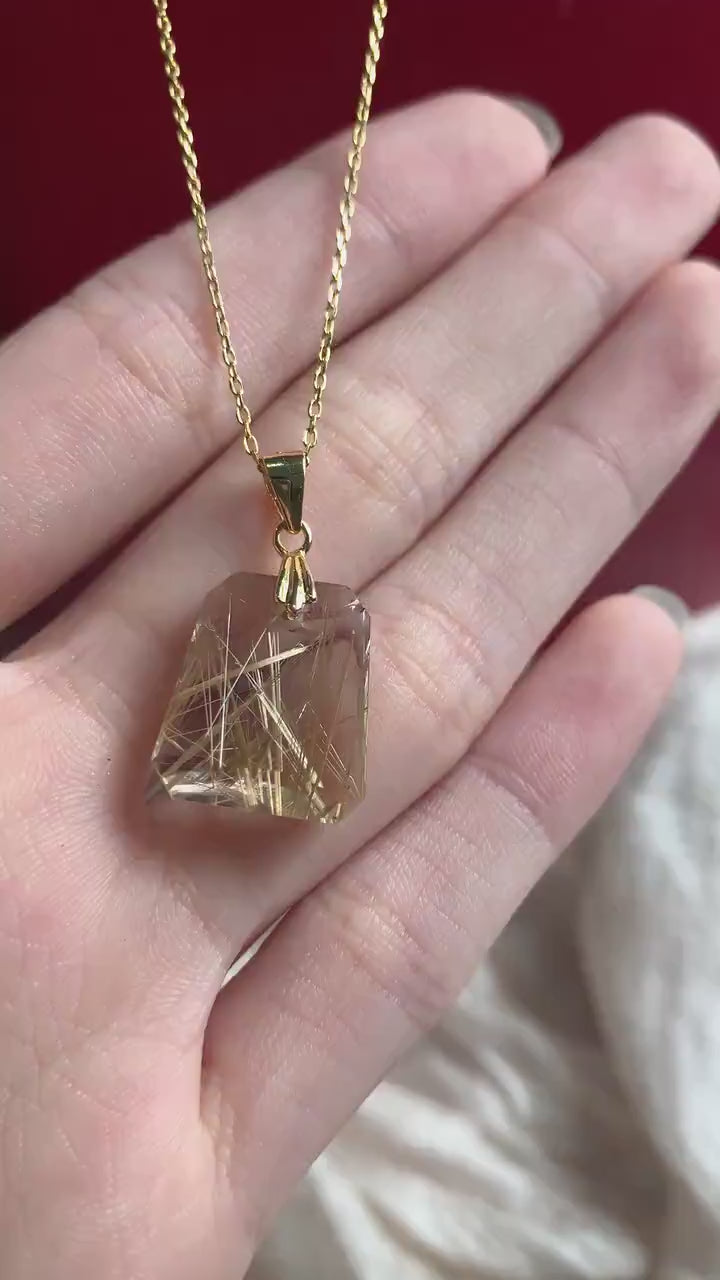 Rutilated Quartz Pendant Necklace – Golden Needle Crystal, Faceted Trapezoid Jewelry, RQ4
