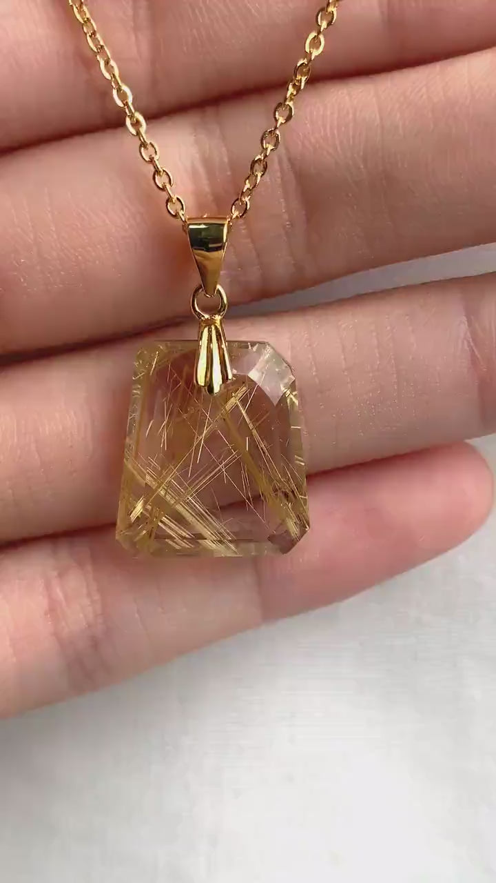 Rutilated Quartz Pendant Necklace AAAA Top Grade Golden Rutile Gold Vermeil or Sterling Silver, RQ9