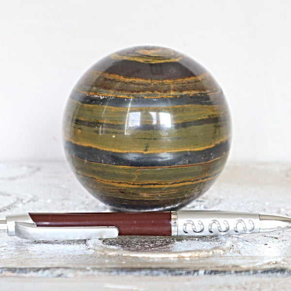 Iron Tiger Sphere, Ancestralite Hematite Tiger Eye Sphere Home Decor Root Chakra Solar Plexus