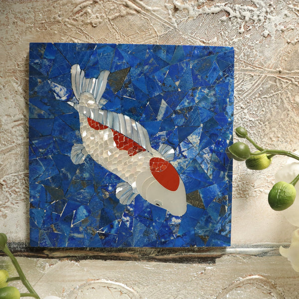 Gemstone Wall Lapis Tile Home Decor, Lapis Tile with Koi Fish mosaic design for Gemstone Decor, Gem Wall Art, Stone Wall Art Tile