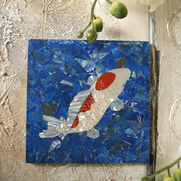 Gemstone Wall Lapis Tile Home Decor, Lapis Tile with Koi Fish mosaic design for Gemstone Decor, Gem Wall Art, Stone Wall Art Tile