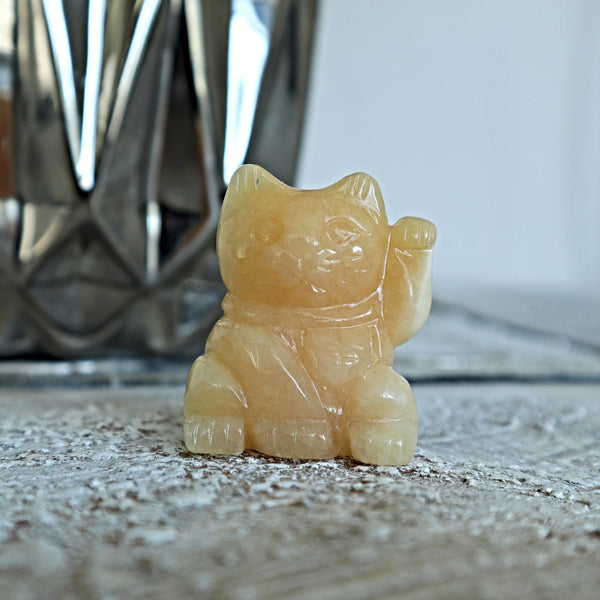 Orange Calcite Beckoning Lucky Cat Crystal | Orange Calcite Maneki Neko | Lucky Cat Home Decor Abundance Gift for Prosperity