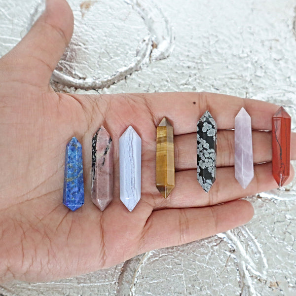 5 Crystals Double Pointed lapis rhodonite blue lace agate tiger eye snow flake obsidian rose quartz red jasper