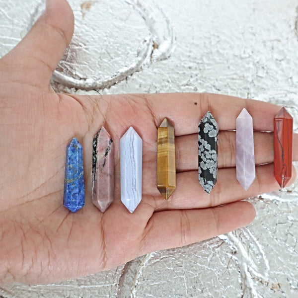 5 Crystals Double Pointed lapis rhodonite blue lace agate tiger eye snow flake obsidian rose quartz red jasper