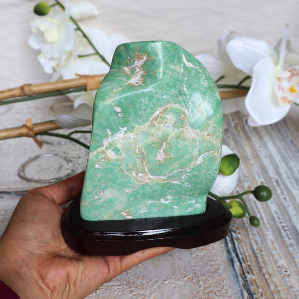 Large Nephrite Jade Stone free form on wooden stand for Abundance Lucky Stone