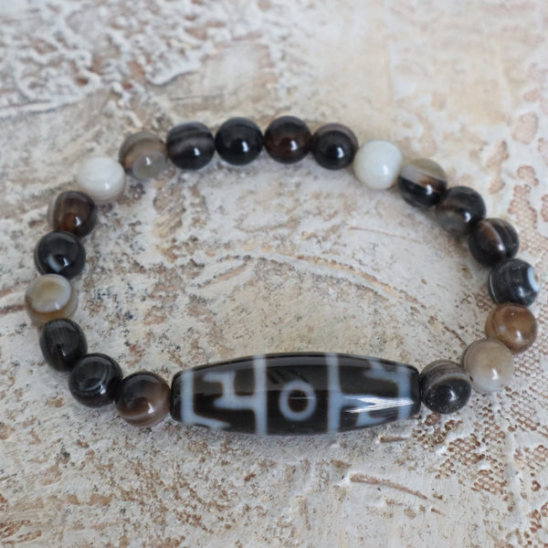 Tibetan Agate 2 Eye Dzi Bead Bracelet