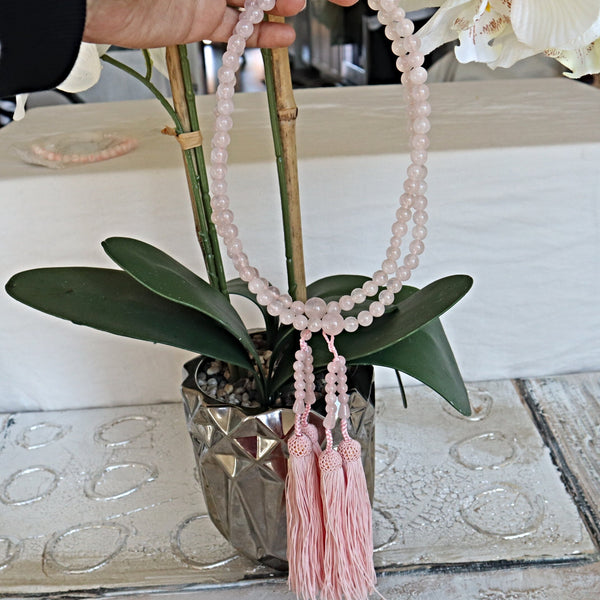 108 Bead Mala Rose Quartz Japanese Nenju Juzu Zen Mala Meditation Gift Long Rosary with 4 tussle