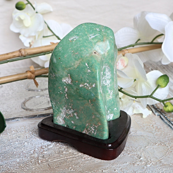 Large Nephrite Jade Stone free form on wooden stand for Abundance Lucky Stone